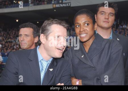 L'ancien champion olympique de judoka David Douillet, l'ancien judoka Thierry Rey, l'ancien athlet olympique français Marie-José Perec soutient Paris 2012 olympique avant la rencontre de l'IAAF gaz de France Paris-Saint-Denis, au Stade de France Paris 2012 à Saint-Denis, près de Paris, le 1er juillet 2005. Photo de Nicolas Gouhier/CAMELEON/ABACAPRESS.COM Banque D'Images