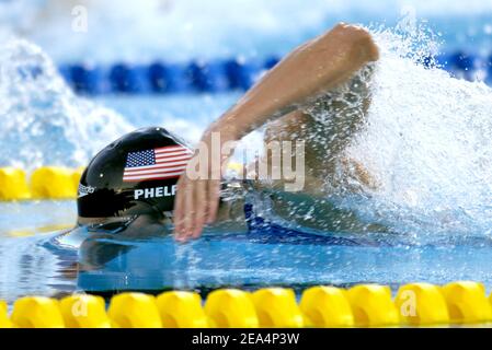 L'équipe américaine avec Michael Phelps remporte la médaille d'or sur le nage libre 4x 200 m masculin lors des XI Championnats du monde de la FINA au Parc Jean-drapeau, à Montréal, Québec, Canada, le 29 juillet 2005. Photo de Nicolas Gouhier/CAMELEON/ABACAPRESS.COM Banque D'Images