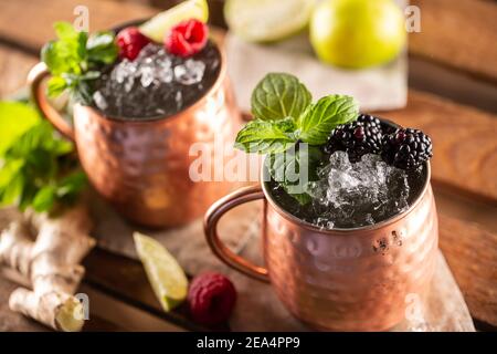 Le cocktail de vodka Moscou Berry Mule est une longue boisson avec du jus de citron vert frais, de la bière au gingembre et des baies. Banque D'Images