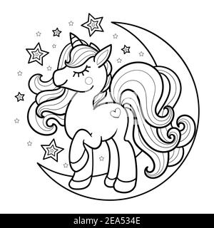 Dessin animé unicorn sur la lune. Image en noir et blanc à colorier. Image vectorielle. Illustration de Vecteur