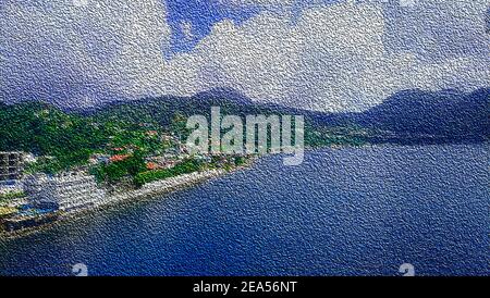 Illustration de la côte d'Azur, illustration de l'île tropicale avec la mer dans des couleurs floues, image créative avec la nature. Banque D'Images