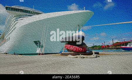 Illustration d'un bateau de croisière amarré dans la jetée, un grand bateau blanc, un énorme yacht est tiré. Image créative avec un bateau. Banque D'Images