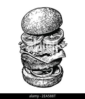 Hamburger, croquis des ingrédients des sandwichs. Illustration vectorielle de nourriture dessinée à la main Illustration de Vecteur