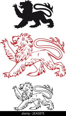 Lion héraldique médiéval en couleurs et en silhouettes Illustration de Vecteur