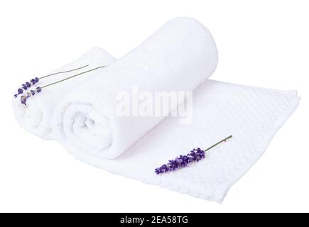 Serviettes de coton et le parfum de lavande - concept d'aromathérapie. Deux serviettes en coton blanc enroulées dans un tuyau et des fleurs de lavande. Banque D'Images