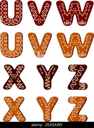 Lettres de l'alphabet de pain d'épice de U à Z pour noël ou design de vacances nouvel an Illustration de Vecteur