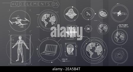 Ensemble d'éléments de balayage 3D HUD pour une interface futuriste. Illustration de Vecteur