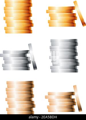Piles de pièces de monnaie en bronze, argent et or isolées sur fond blanc Illustration de Vecteur