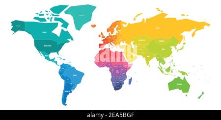 Carte du monde coloré en couleurs du spectre arc-en-ciel. Chaque pays souverain dans une couleur différente. Carte vectorielle simple et plate avec noms de pays. Illustration de Vecteur