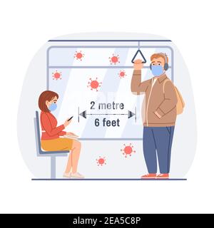 Les gens dans les masques homme femme voyage dans les transports publics Illustration de Vecteur