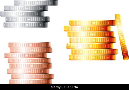 Piles de pièces de monnaie dorées, argentées et de bronze isolées sur fond blanc pour la conception de concept de finance Illustration de Vecteur