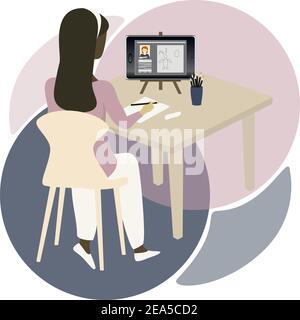 Apprendre à dessiner en ligne à la maison. Fille assise au bureau et regardant une tablette. Concept de formation en ligne. Jeune femme étudiant à distance à la maison. Illustration de Vecteur