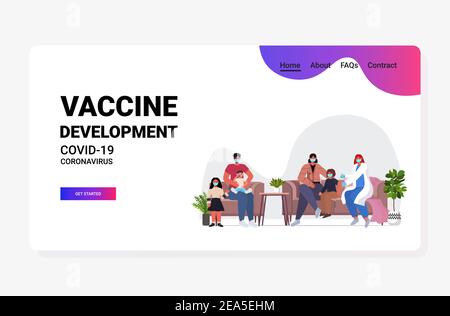 femme médecin vaccinant les patients de la famille dans des masques pour lutter contre illustration du vecteur horizontal pleine longueur du concept de développement du vaccin contre le coronavirus Illustration de Vecteur