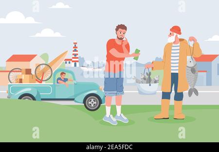 Illustration vectorielle de vacances d'été. Homme achetant du poisson frais de pêcheur, son ami attendant en voiture chargé avec des articles pour les vacances d'été. Été mer ou paysage de lac, voyage à la mer concept. Illustration de Vecteur