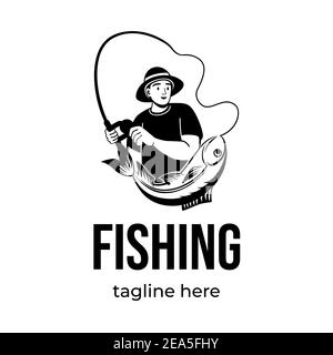 Logo pêche. Pêcheur attrapant du poisson avec emblème de vecteur de canne à pêche. Sport de pêche, passe-temps de vacances d'été. Joyeux personnage de sexe masculin attrape de gros poissons frais avec un modèle de logotype. Illustration de Vecteur