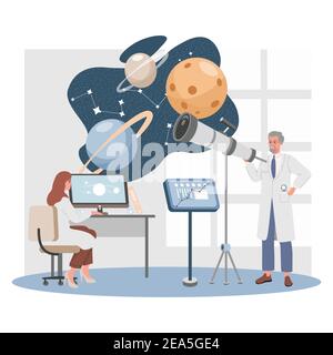 Des scientifiques en robes blanches explorant l'espace avec des technologies informatiques et une illustration à écran plat de vecteur de télescope. Homme et femme heureux en laboratoire ou en planétarium regardant les planètes et les étoiles. Illustration de Vecteur