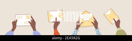 Les femmes africaines tiennent des enveloppes. Concept de la correspondance et de la livraison du courrier. Poster des timbres et des cartes postales. Illustration vectorielle de style dessin animé plat Illustration de Vecteur