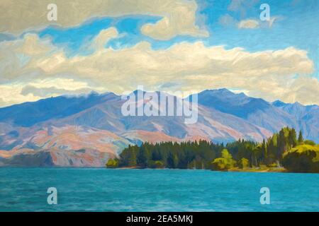 Peinture numérique des montagnes et des arbres de l'autre côté du lac Wakatipu, Nouvelle-Zélande. Banque D'Images