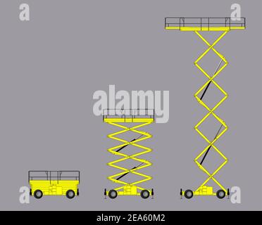 Ensemble de plateforme de levage de ciseaux isolée sur fond blanc. Relevage hydraulique. Illustration vectorielle plate. Illustration de Vecteur
