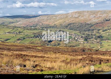 Vue sur Reeth depuis la lande Banque D'Images