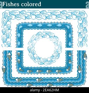 4 formes vectorielles différentes avec poissons nageant dans la mer. Toutes les brosses comprennent des carreaux d'angle extérieur et intérieur. Illustration de Vecteur