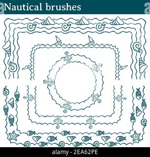 4 formes vectorielles différentes avec des éléments liés à la mer. Toutes les brosses comprennent des carreaux d'angle extérieur et intérieur. Illustration de Vecteur