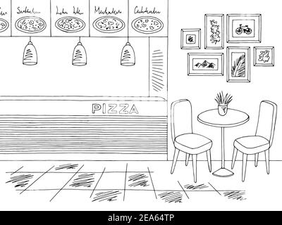 Intérieur du restaurant pizza fast food graphique noir blanc croquis vecteur d'illustration Illustration de Vecteur