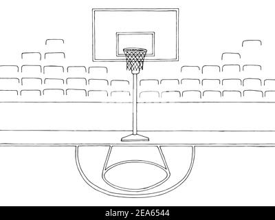 Terrain de basket-ball intérieur sport graphique noir blanc dessin illustration vecteur Illustration de Vecteur