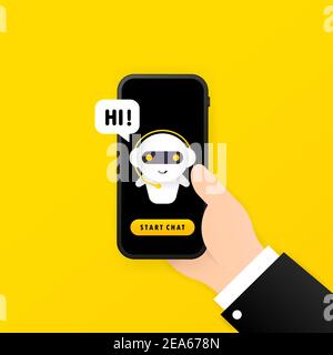 Chatbot dans l'illustration du smartphone. Bonjour message. Modèle de page de renvoi bot de l'assistant en ligne. Dialogue. Assistance technique. Pour la page Web. Vecteur sur isoler Illustration de Vecteur