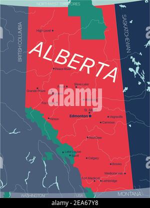 Alberta province vector carte modifiable du Canada avec la capitale, les frontières nationales, les villes, les rivières et les lacs. Fichier vectoriel EPS-10 Illustration de Vecteur