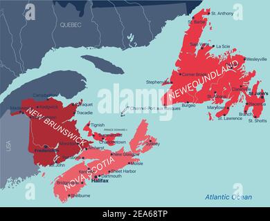 Carte vectorielle en couleur modifiable des provinces de l'Atlantique du Canada Nouveau-Brunswick, Nouvelle-Écosse, Île-du-Prince-Édouard et province de Terre-Neuve avec capitales, Illustration de Vecteur