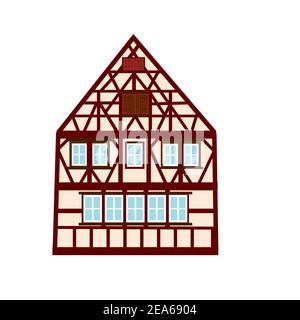 Ancienne maison allemande avec poutres en bois. Bâtiment à colombages de couleur. Façades plates de maisons à ossature européenne, cottages. Illustration de Vecteur