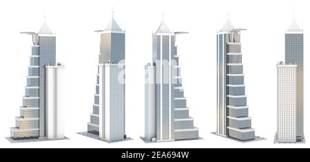 5 vues de plusieurs côtés rendus de gratte-ciel de conception fictive avec hélipad avec des reflets de ciel nuageux - isolé sur blanc, illustration 3d de la chute de ciel Banque D'Images