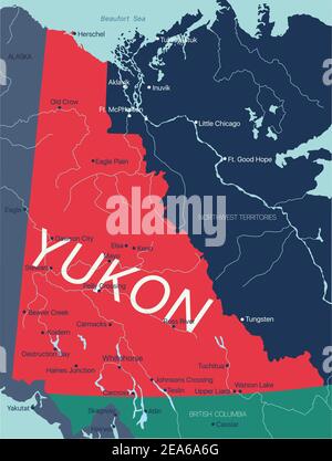 Territoire du Yukon carte vectorielle modifiable du Canada avec la capitale, les frontières nationales, les villes, les rivières et les lacs. Fichier vectoriel EPS-10 Illustration de Vecteur