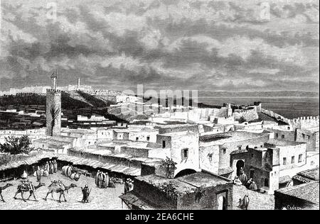 Vue panoramique générale de la ville marocaine de Tanger au XIXe siècle. Maroc, Afrique du Nord. Ancienne illustration gravée du XIXe siècle d'El Mundo Ilustrado 1879 Banque D'Images