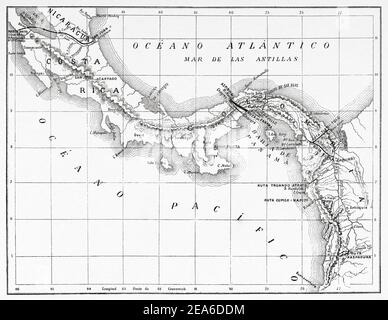 Ancienne carte de l'Amérique centrale. Route du canal de Panama. Wyse route. Lucien Napoleon Bonaparte Wyse (1845-1909) était un ingénieur français chargé d'examiner les différentes voies possibles pour les fouilles futures du canal de Panama. Amérique centrale. Ancienne illustration gravée du XIXe siècle d'El Mundo Ilustrado 1879 Banque D'Images