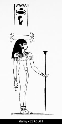 La déesse égyptienne Neith (Nit, Net ou Neit) était une ancienne déité égyptienne créatrice de l'univers, déesse de la sagesse, des tissus, du cosmos, des mères, des rivières, de l'eau, de l'accouchement, de la chasse, de la guerre et de la destination. Elle était une déesse guerrier. Neith était également l'une des trois déités tutélaires de la ville de Latopolis, au sud du pays. Histoire de l'Égypte ancienne. Ancienne illustration gravée du XIXe siècle d'El Mundo Ilustrado 1879 Banque D'Images