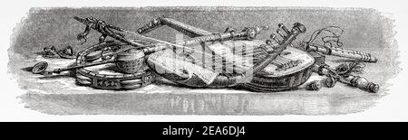 Instruments de musique arabes anciens. Histoire de l'Égypte ancienne. Ancienne illustration gravée du XIXe siècle d'El Mundo Ilustrado 1879 Banque D'Images