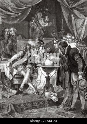 Christophe Colomb reçu par Ferdinand et Isabella à Santa Fe. Les Capitulations de Santa Fe était un document écrit par les monarques catholiques le 17 avril 1492, qui comprend les accords conclus avec Christophe Colomb concernant l'expédition prévue de ce dernier par mer à l'ouest. Grenade, Andalousie. Espagne, Europe. Ancienne illustration gravée du XIXe siècle d'El Mundo Ilustrado 1879 Banque D'Images