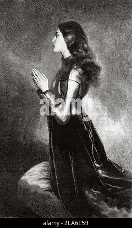 Portrait de Jeanne d'Arc, Jeanne d'Arc, connue sous le nom de Sainte Jeanne d'Arc ou de la jeune fille d'Orléans, la Pucelle d'Orléans . Jeune paysan français qui a dirigé l'armée française dans la guerre de cent ans contre l'Angleterre, faisant passer Charles VII de Valois à être couronné roi de France, le duc Jean de Bedford l'a brûlée vivante à Rouen. France, Europe. Ancienne illustration gravée du XIXe siècle d'El Mundo Ilustrado 1879 Banque D'Images