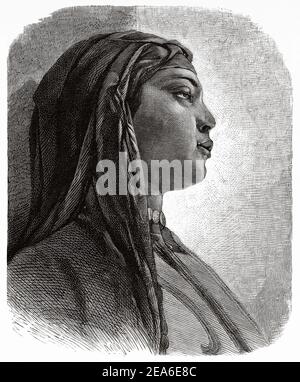 Portrait d'une belle femme égyptienne vêtue de costume traditionnel. Histoire de l'Égypte ancienne. Ancienne illustration gravée du XIXe siècle d'El Mundo Ilustrado 1879 Banque D'Images