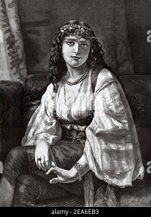 Portrait d'une belle jeune syrienne vêtue de vêtements traditionnels du XIXe siècle, Syrie. Ancienne illustration gravée du XIXe siècle d'El Mundo Ilustrado 1879 Banque D'Images