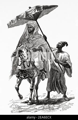 Le Sultan du Maroc cheval c1890. Hassan I du Maroc (Fez, 1836 - Tadla 1894) Sultan du Maroc de 1873 à 1894, Afrique du Nord. Ancienne illustration gravée du XIXe siècle d'El Mundo Ilustrado 1879 Banque D'Images