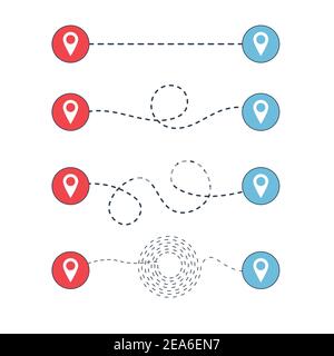 Chemin d'un point à l'autre dans différents styles, suivi de route, tracé de la trajectoire. Panneaux indiquant l'emplacement du trajet sur la carte routière en pointillés. Vecteur de brut Illustration de Vecteur