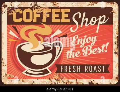 Café-restaurant assiette en métal rouillé, gobelet à vapeur Vector, boisson chaude rôtie fraîche boisson à café de qualité boisson à café vintage boîte rouille. Affiche promotionnelle rétro pour Illustration de Vecteur
