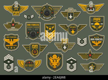 Forces aériennes de l'armée, badges d'unités aéroportées et chevrons à ailes avec hélice d'avion, avion de chasse et fourche d'avion, ailes, étoiles et vét de colonel Illustration de Vecteur