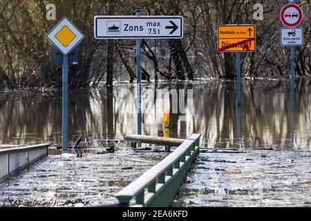 Inondation du Rhin dans le sud de Düsseldorf, ici une route de campagne inondée Banque D'Images