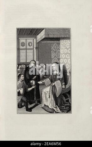 La Reine Anne, avec ses chers et un service de messagerie à qui elle donne une lettre. Anne de Bretagne (Anne de Bretagne ; Breton : Anna Breizh) (1477 - 1514]) a été Duche Banque D'Images