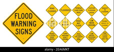 Illustration vectorielle des panneaux diamantés jaunes d'avertissement de crue Illustration de Vecteur
