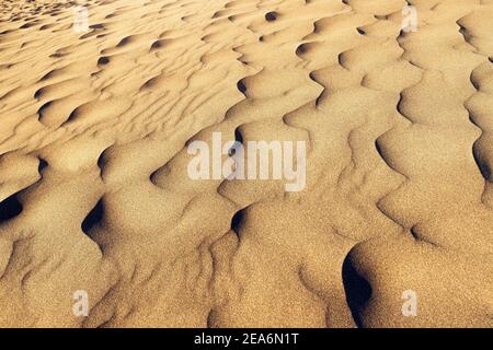 Gros plan de la surface striée du sable avec des ondulations et des mini-dunes dans le désert pendant le coucher du soleil. Banque D'Images